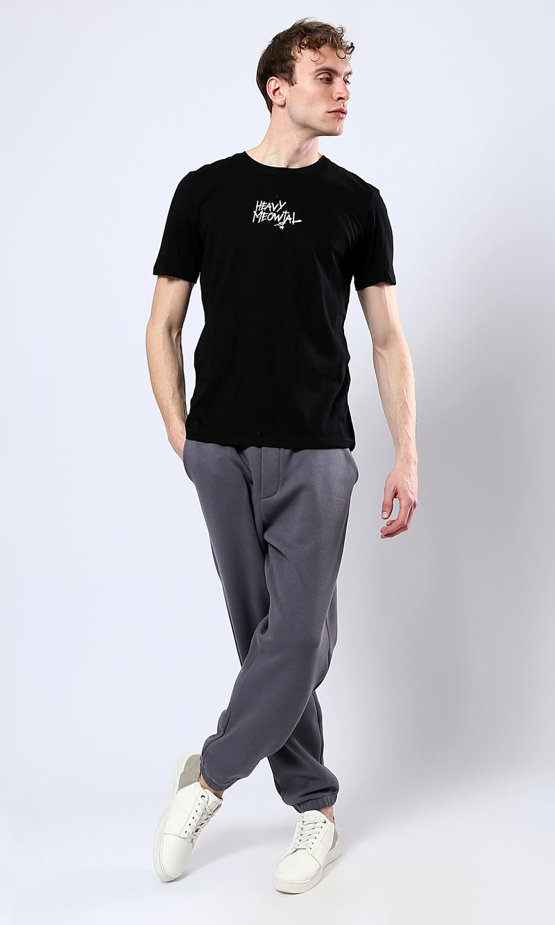 O178920 "Heavy Meowtal" Round Neck Slip On Black Tee