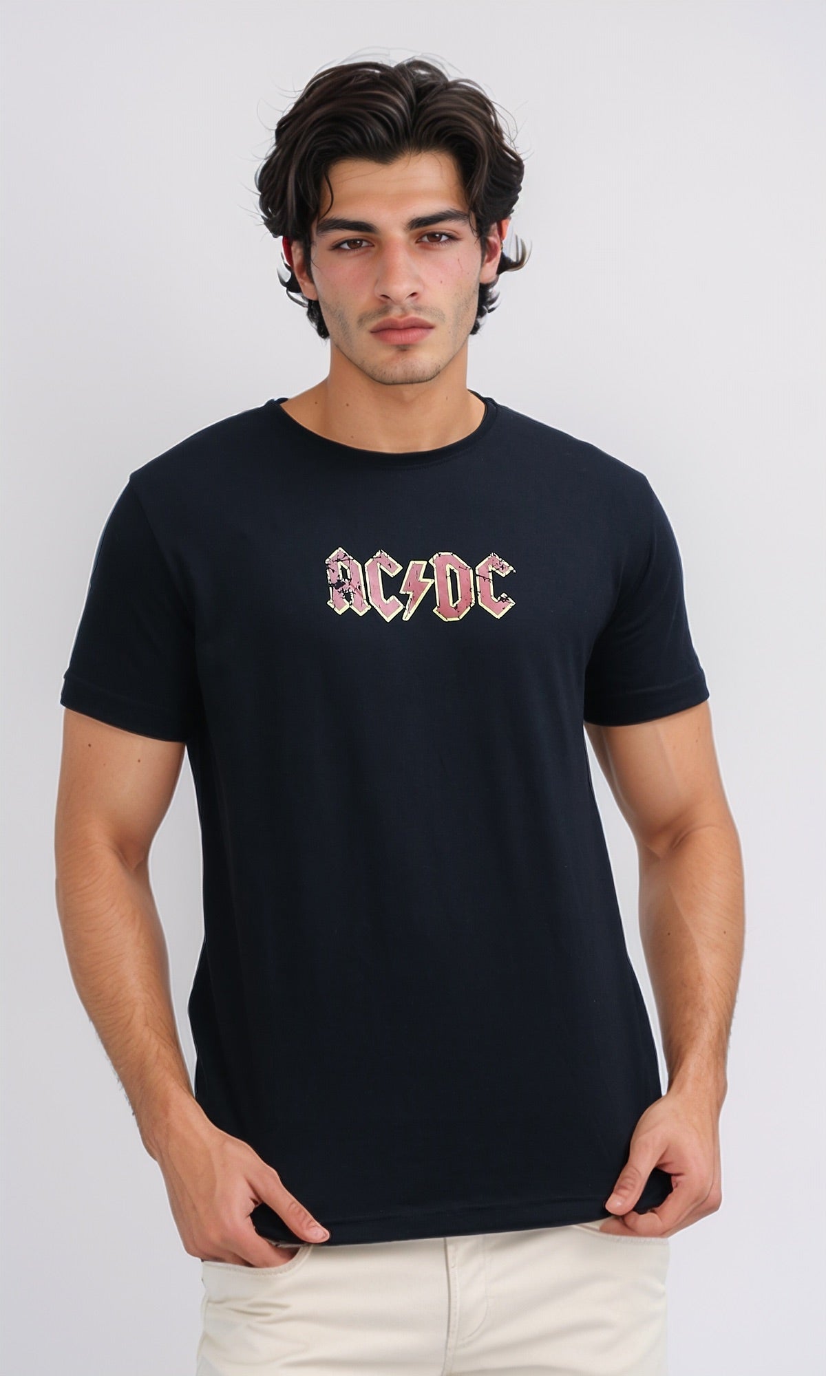 O178949 Front Printed Short Sleeves Black Cotton Tee