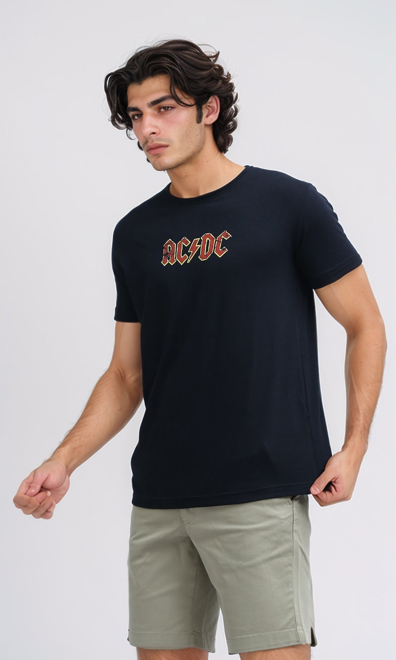 O178949 Front Printed Short Sleeves Black Cotton Tee