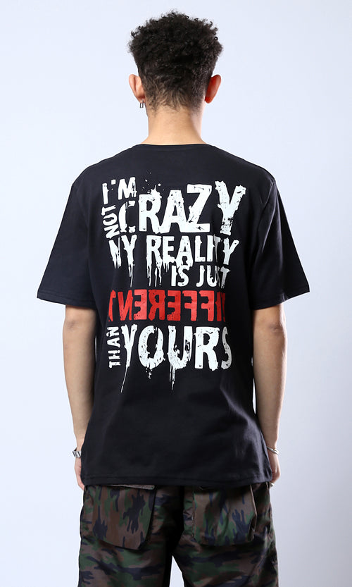 O178962 "Different" Front Print & Back Comfy Tee - Black