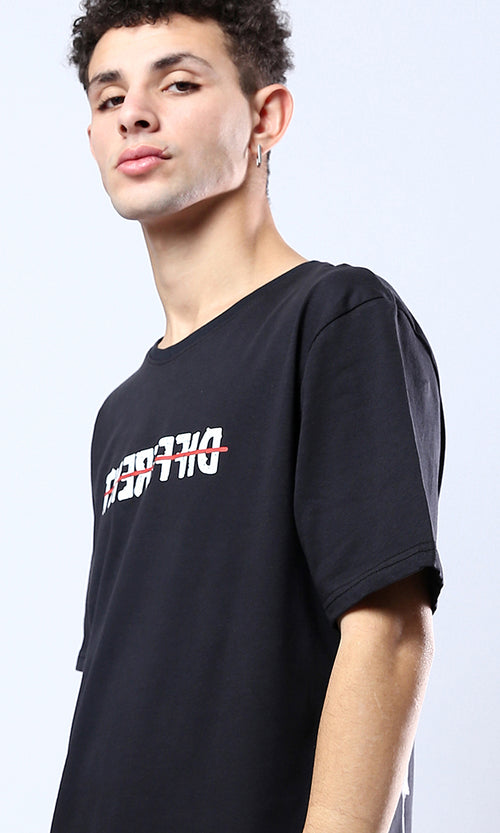 O178962 "Different" Front Print & Back Comfy Tee - Black