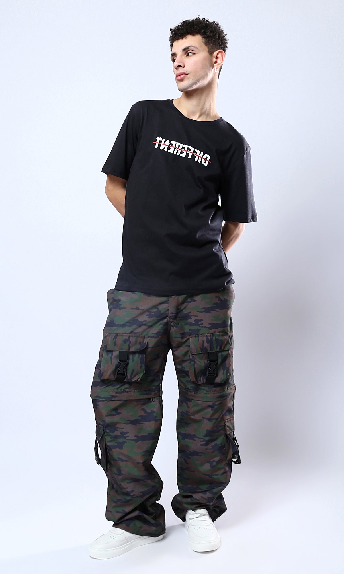 O178962 "Different" Front Print & Back Comfy Tee - Black