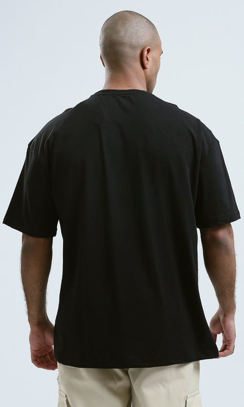 O178976 - Relaxed Fit Printed Black Tee with Elbow Sleeves