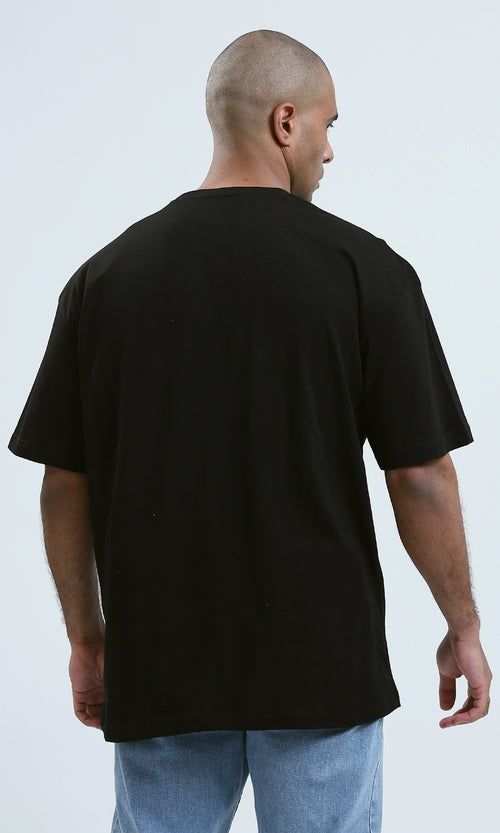 O178979 - Round Neck Elbow Sleeves Black Printed Tee
