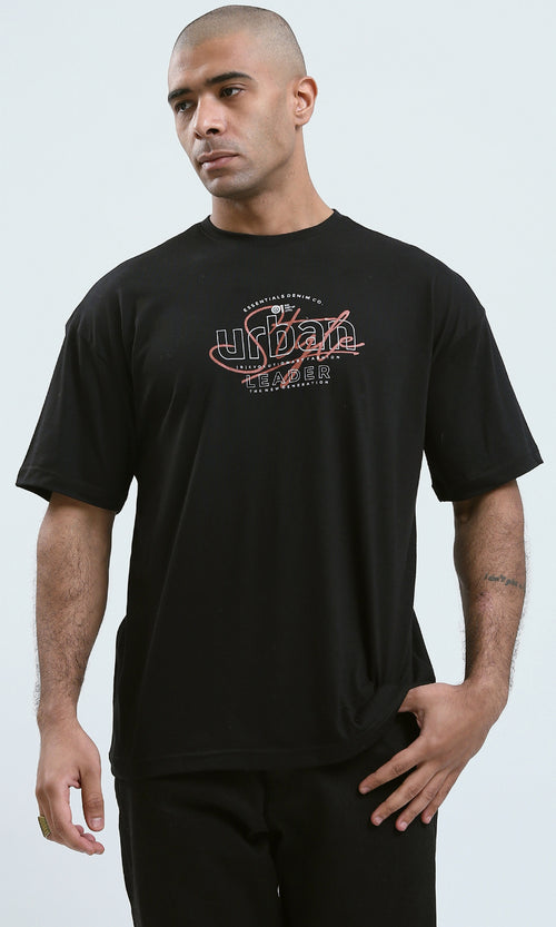 O178980 - Black Slip On Printed Tee with Round Neck