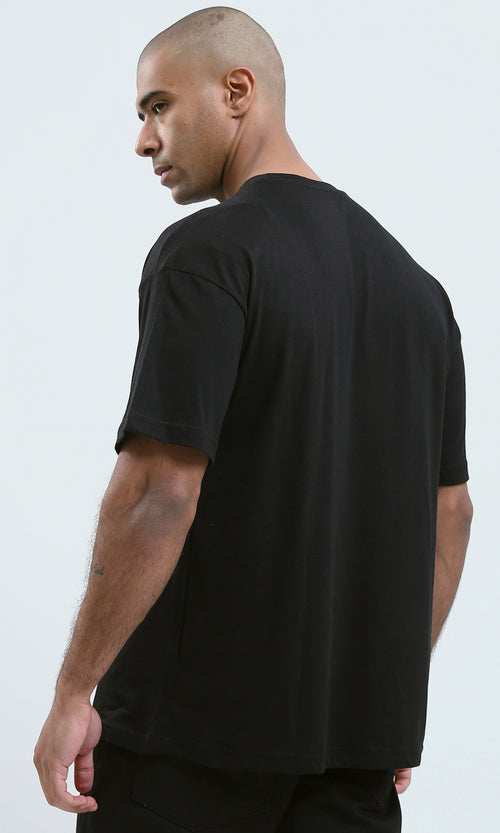 O178980 - Black Slip On Printed Tee with Round Neck