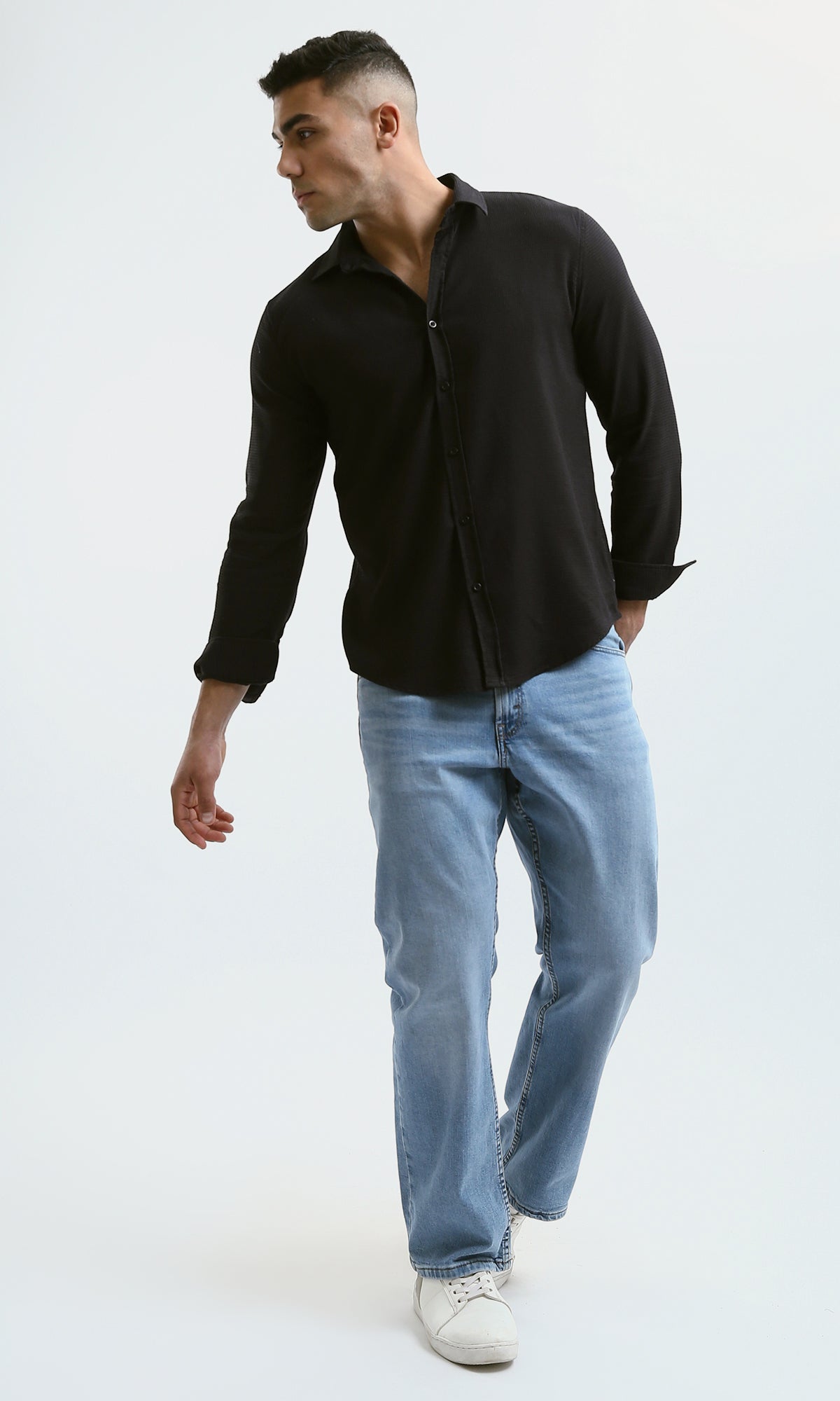 O178989 Cotton Long Sleeves Black Patterned Shirt