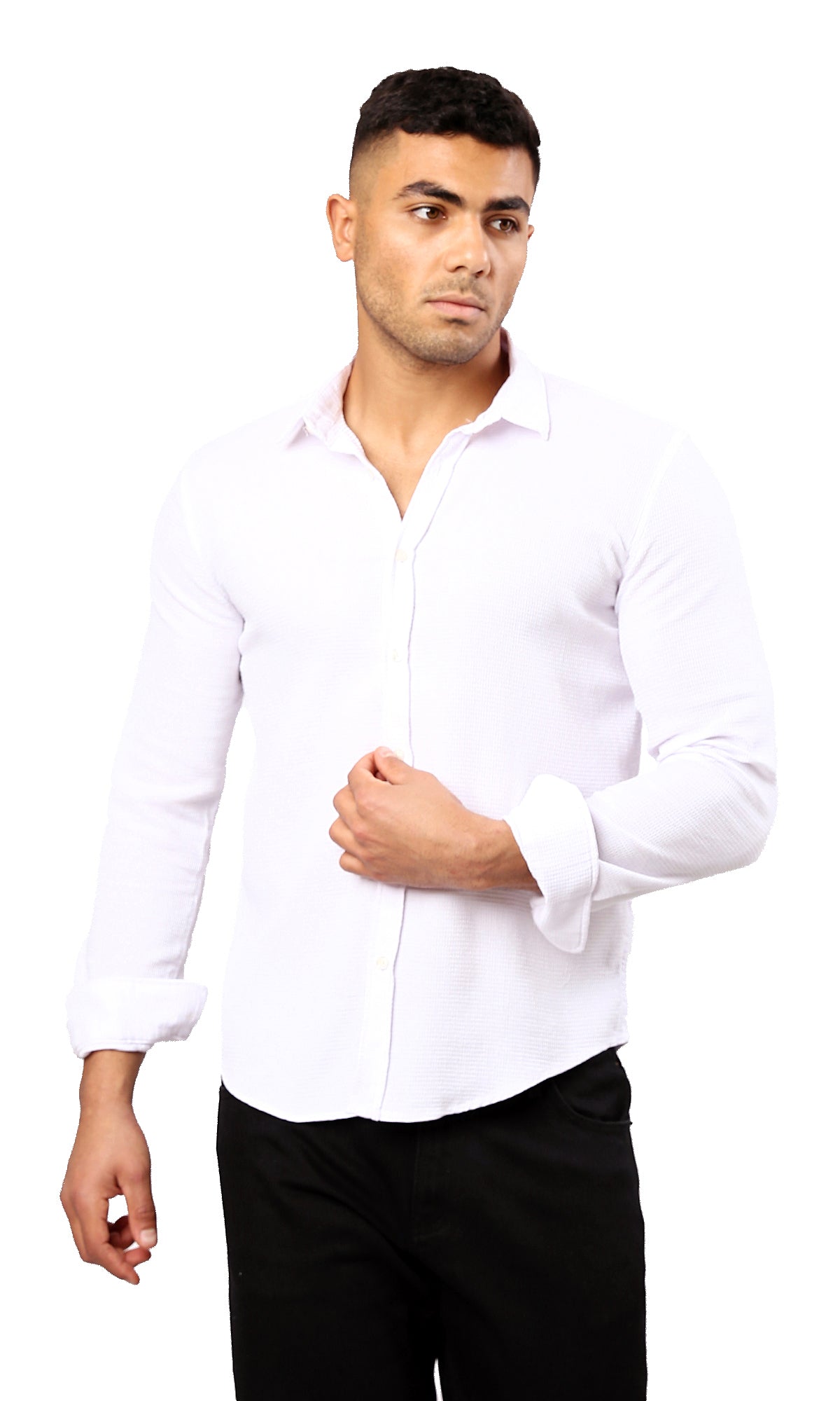 O178990 Self Pattern White Shirt With Turn Down Collar