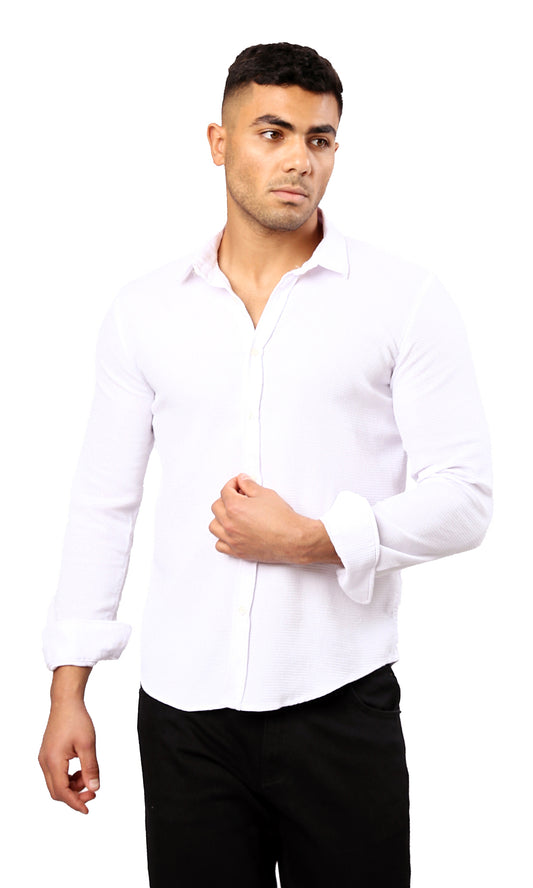 O178990 Self Pattern White Shirt With Turn Down Collar