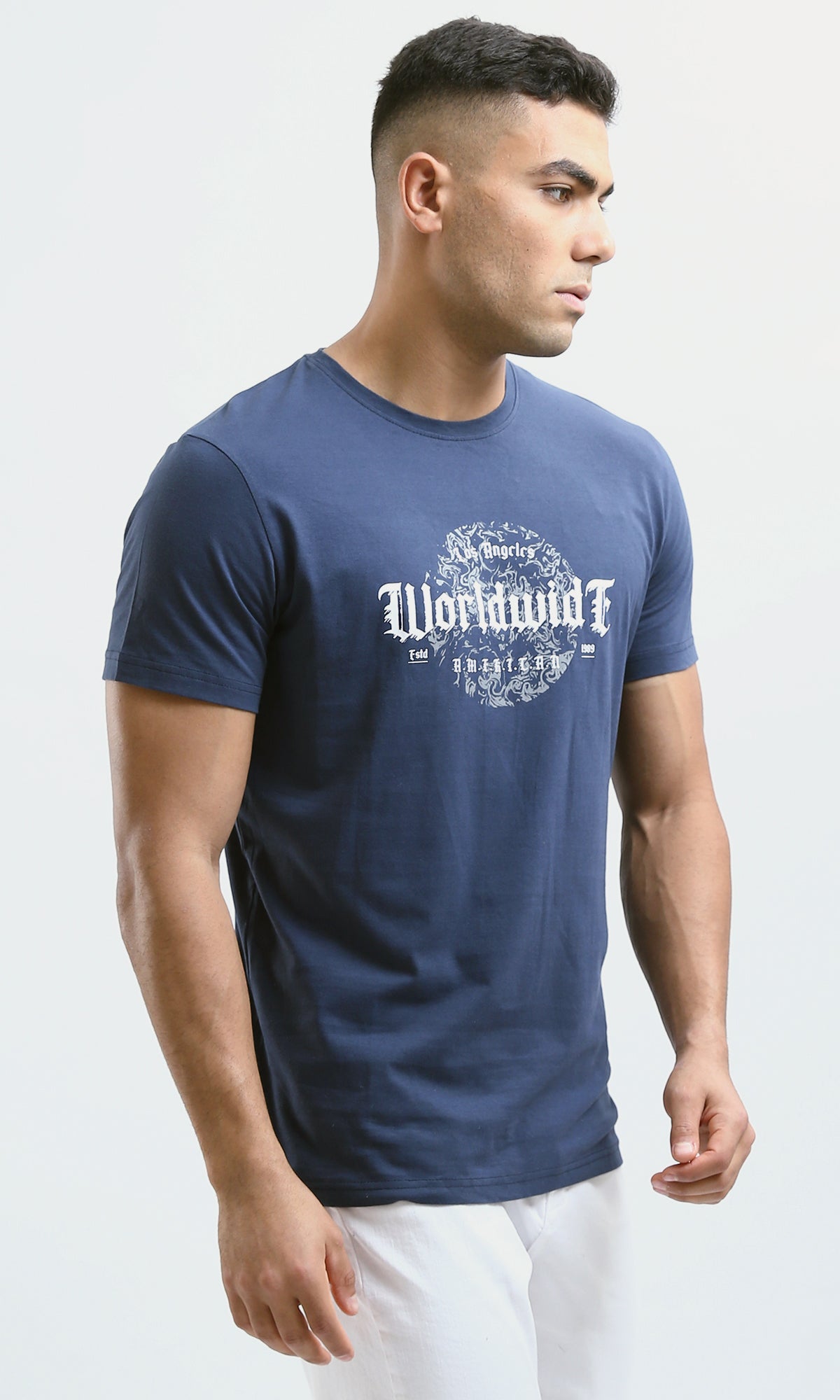 O179011 Printed "Worldwide" Short Sleeves Tee - Navy Blue