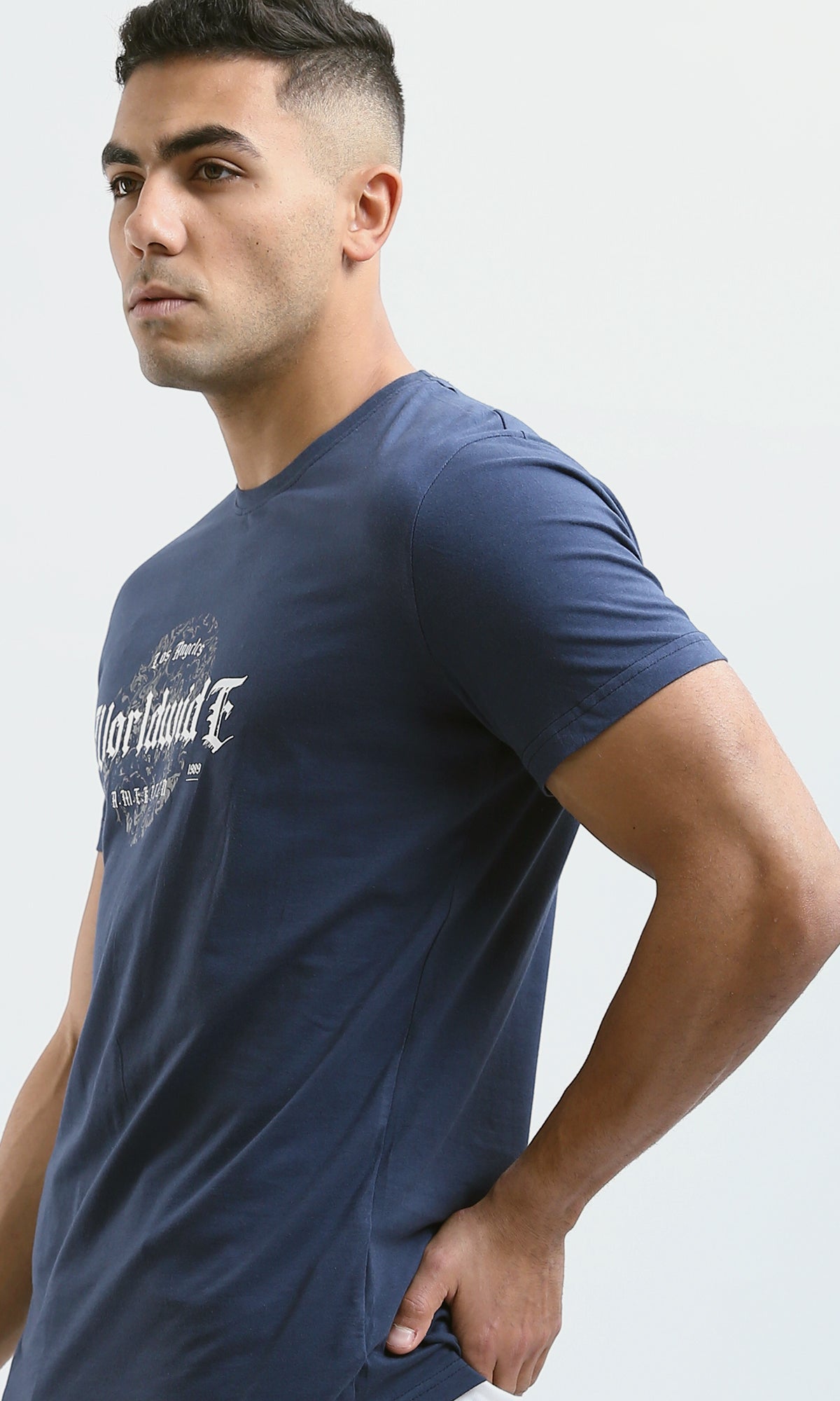 O179011 Printed "Worldwide" Short Sleeves Tee - Navy Blue