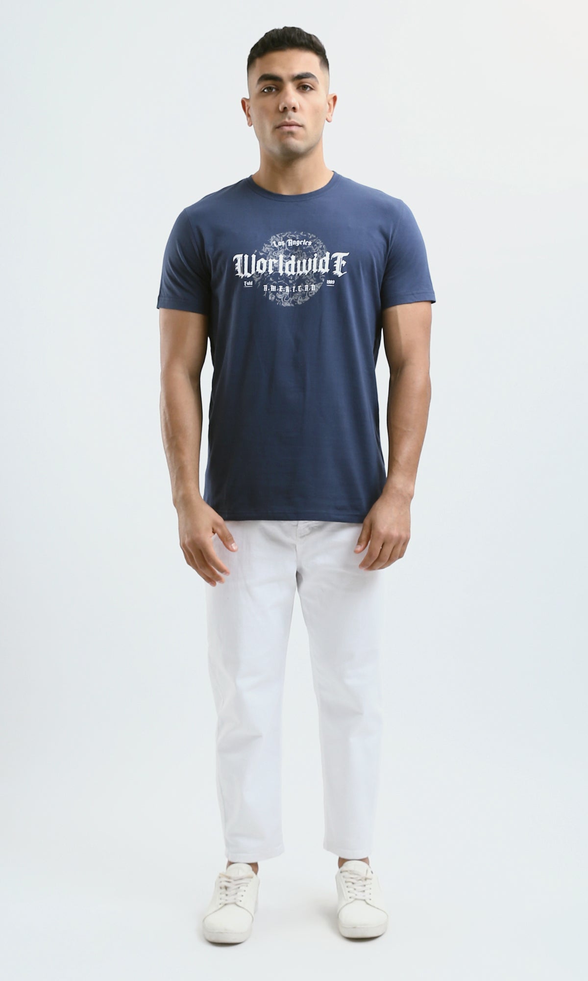 O179011 Printed "Worldwide" Short Sleeves Tee - Navy Blue