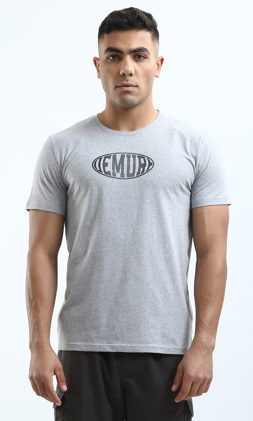 O179013 Heather Light Grey Crew Neck Printed Cotton Tee