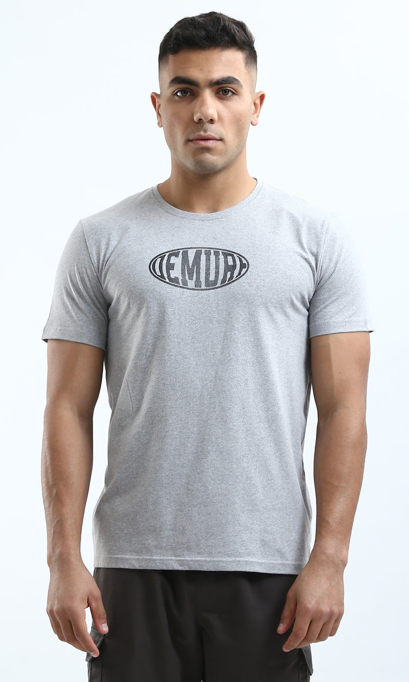O179013 Heather Light Grey Crew Neck Printed Cotton Tee