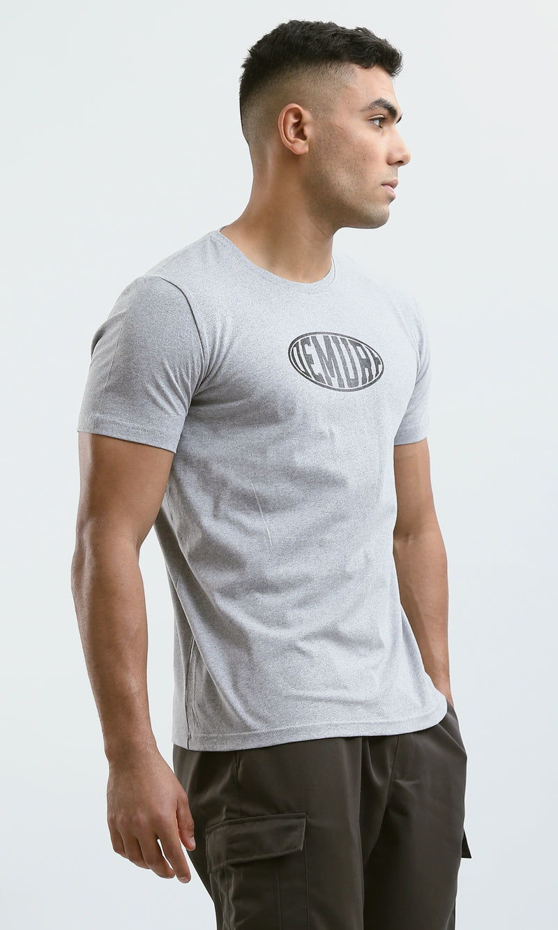 O179013 Heather Light Grey Crew Neck Printed Cotton Tee