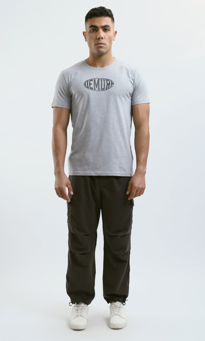 O179013 Heather Light Grey Crew Neck Printed Cotton Tee