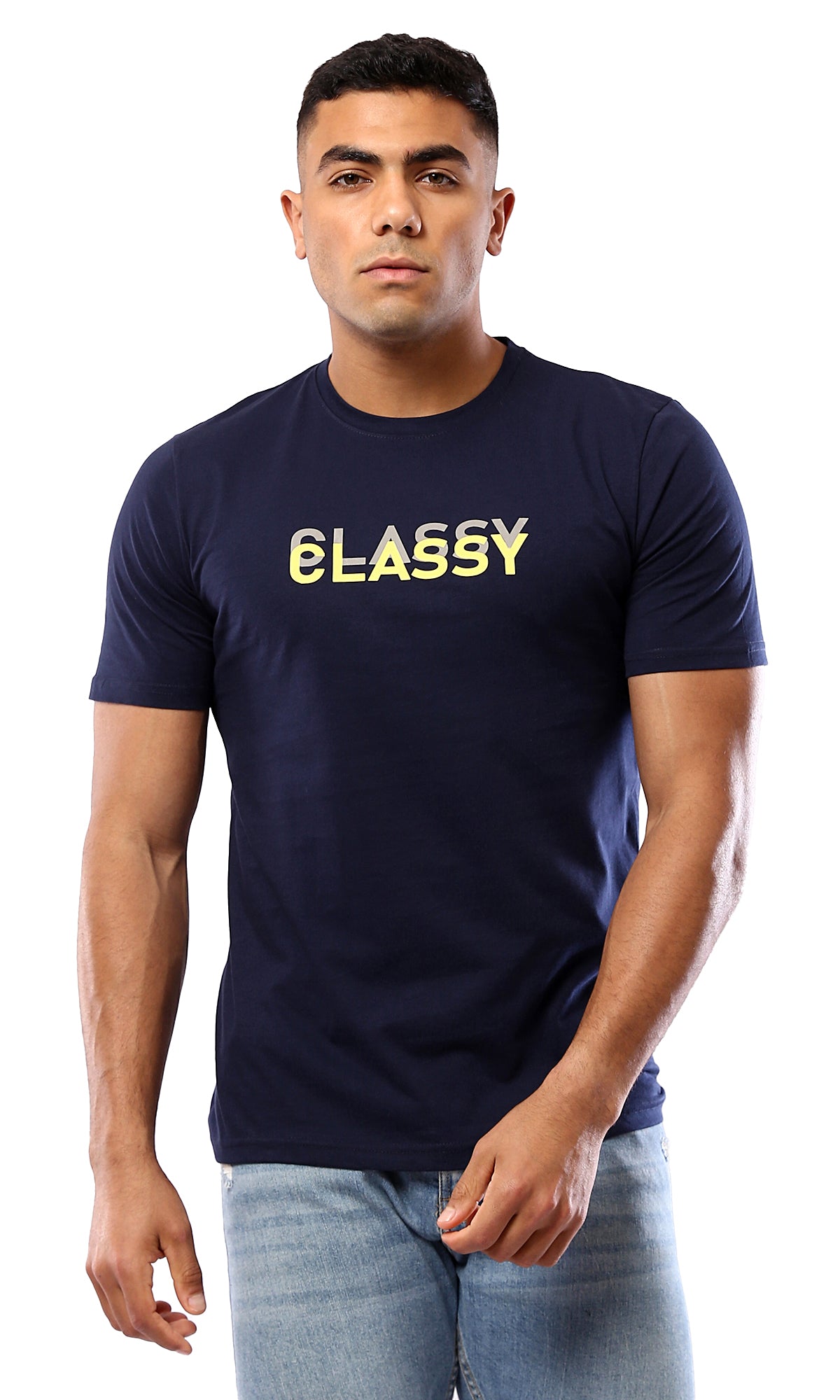 O179016 Navy Blue "Classy" Printed Casual Tee