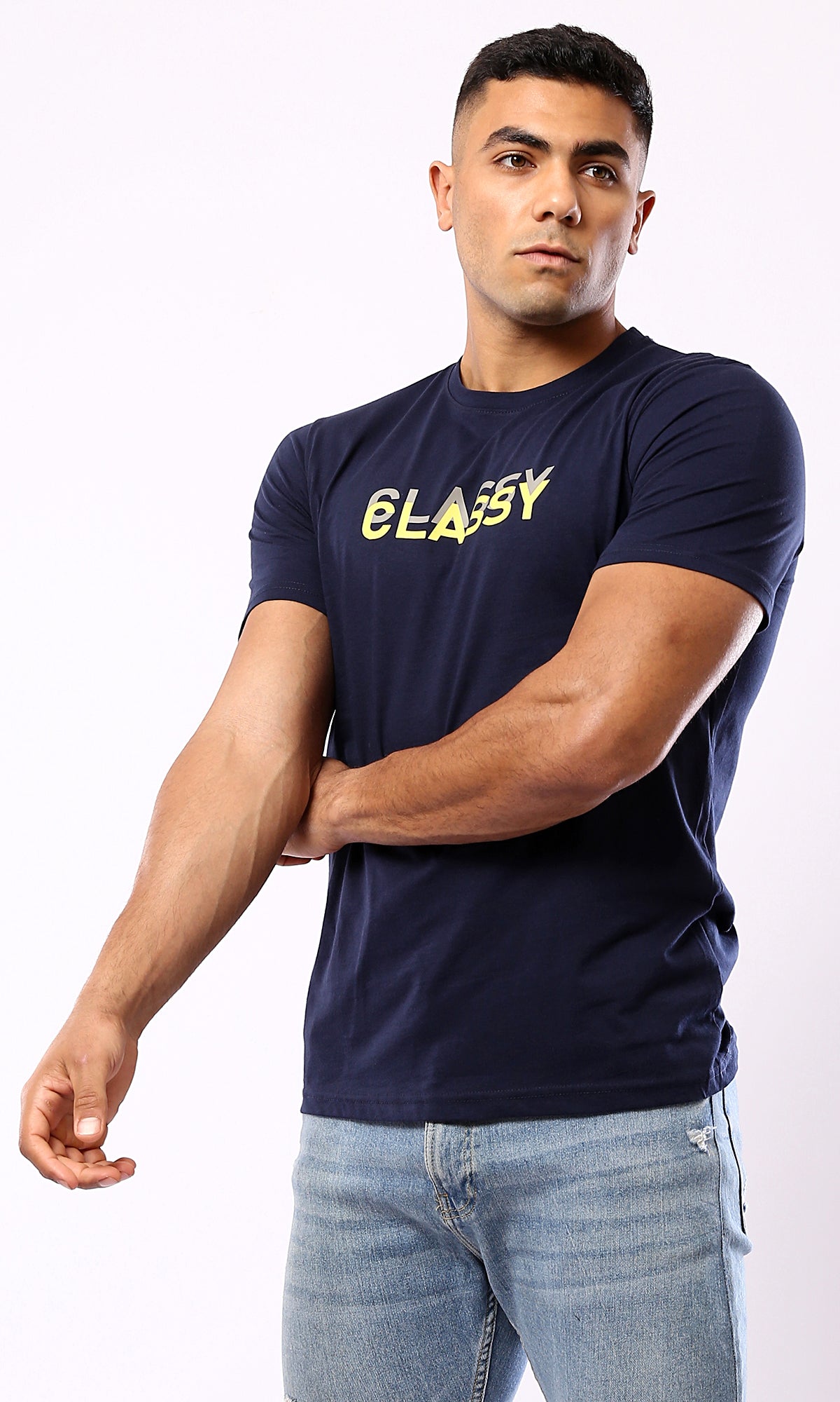 O179016 Navy Blue "Classy" Printed Casual Tee