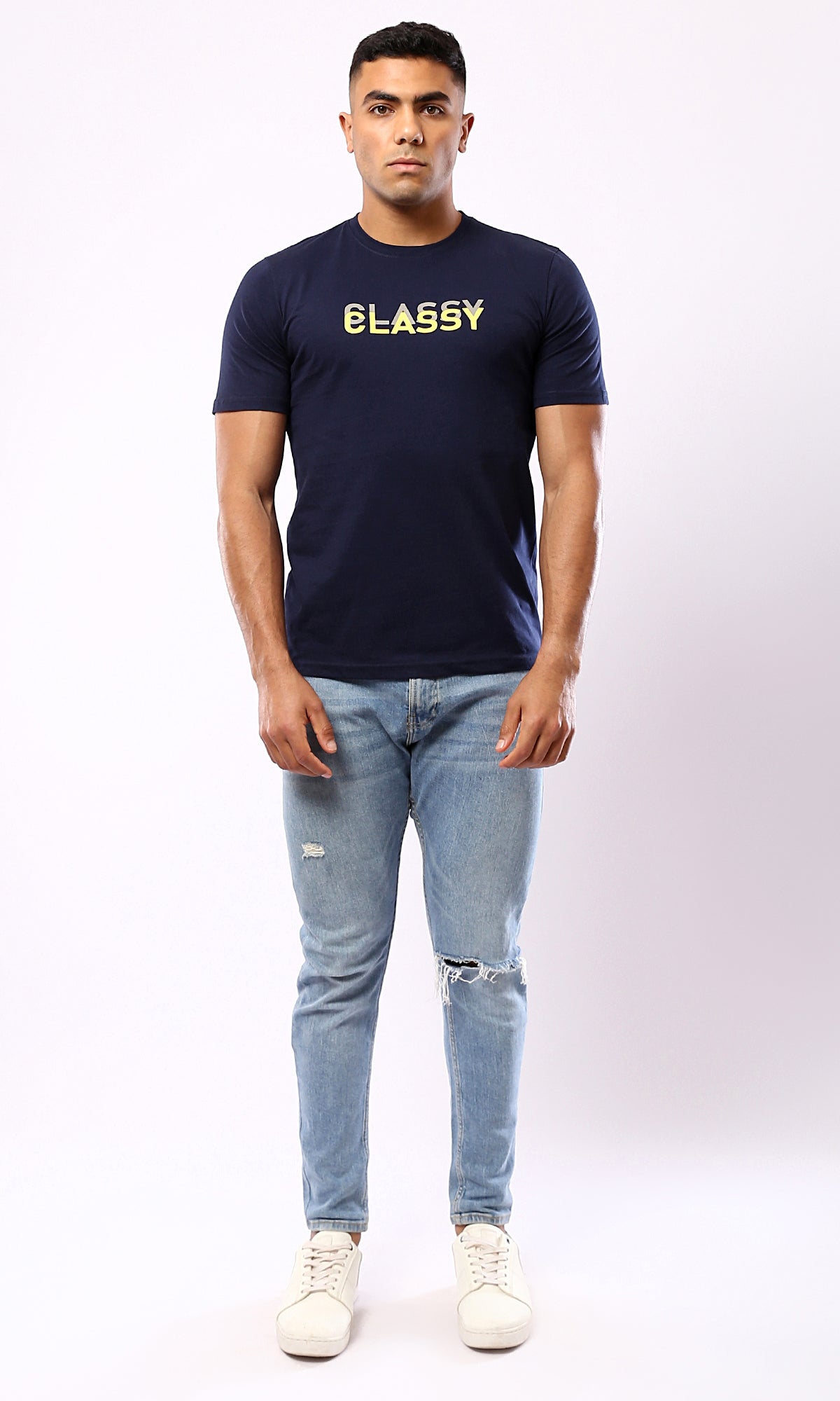 O179016 Navy Blue "Classy" Printed Casual Tee