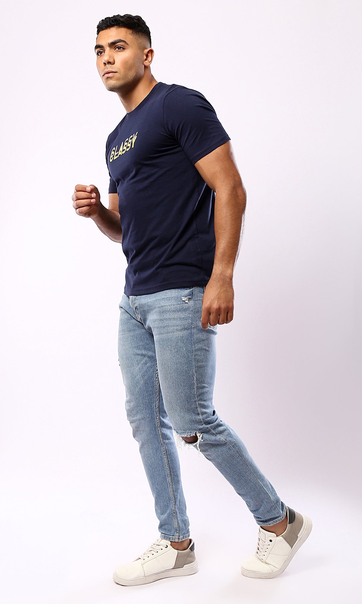 O179016 Navy Blue "Classy" Printed Casual Tee