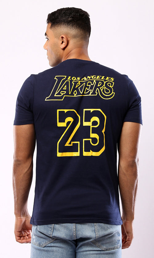 O179017 Front & Back Print Short Sleeves Cotton Tee - Navy Blue