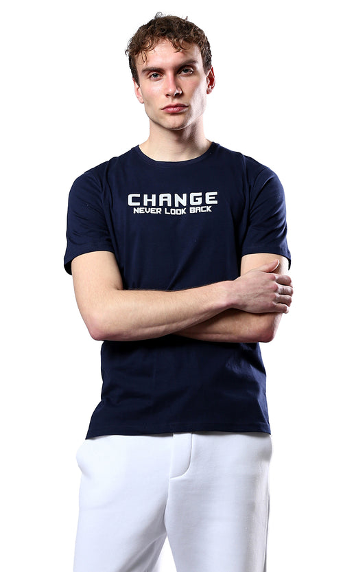 O179019 Short Sleeves Printed "Change" Navy Blue Tee