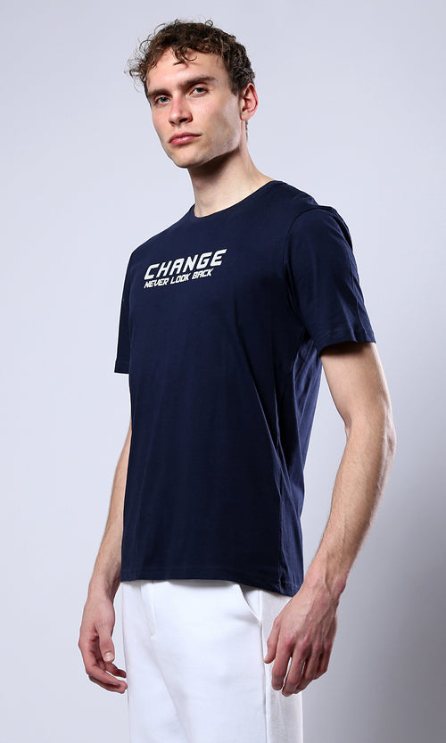 O179019 Short Sleeves Printed "Change" Navy Blue Tee