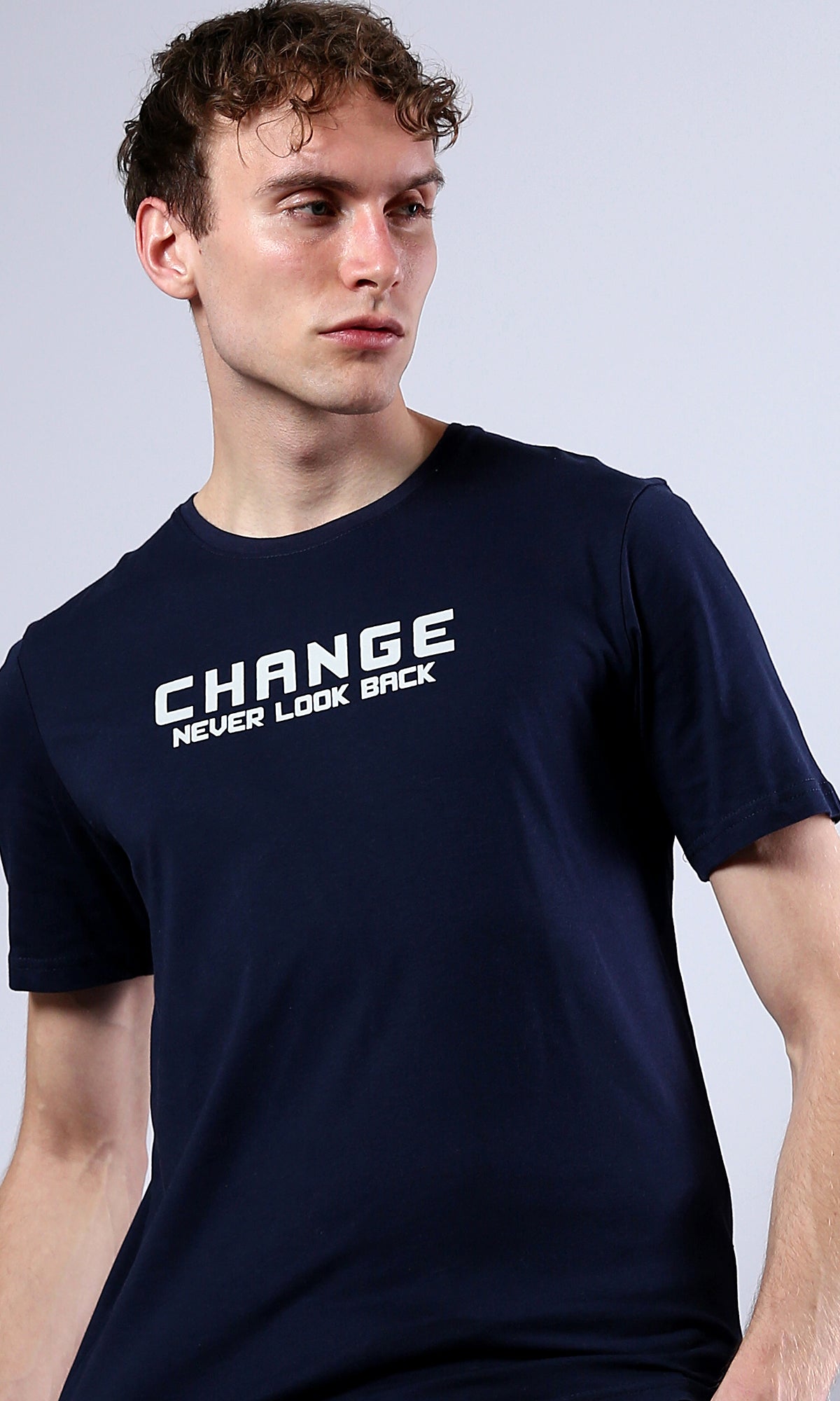 O179019 Short Sleeves Printed "Change" Navy Blue Tee