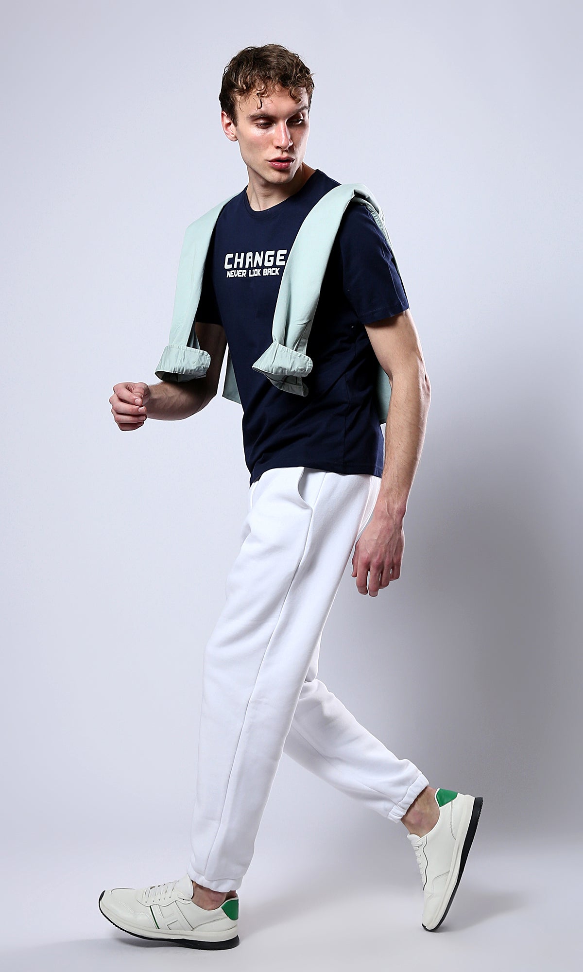 O179019 Short Sleeves Printed "Change" Navy Blue Tee