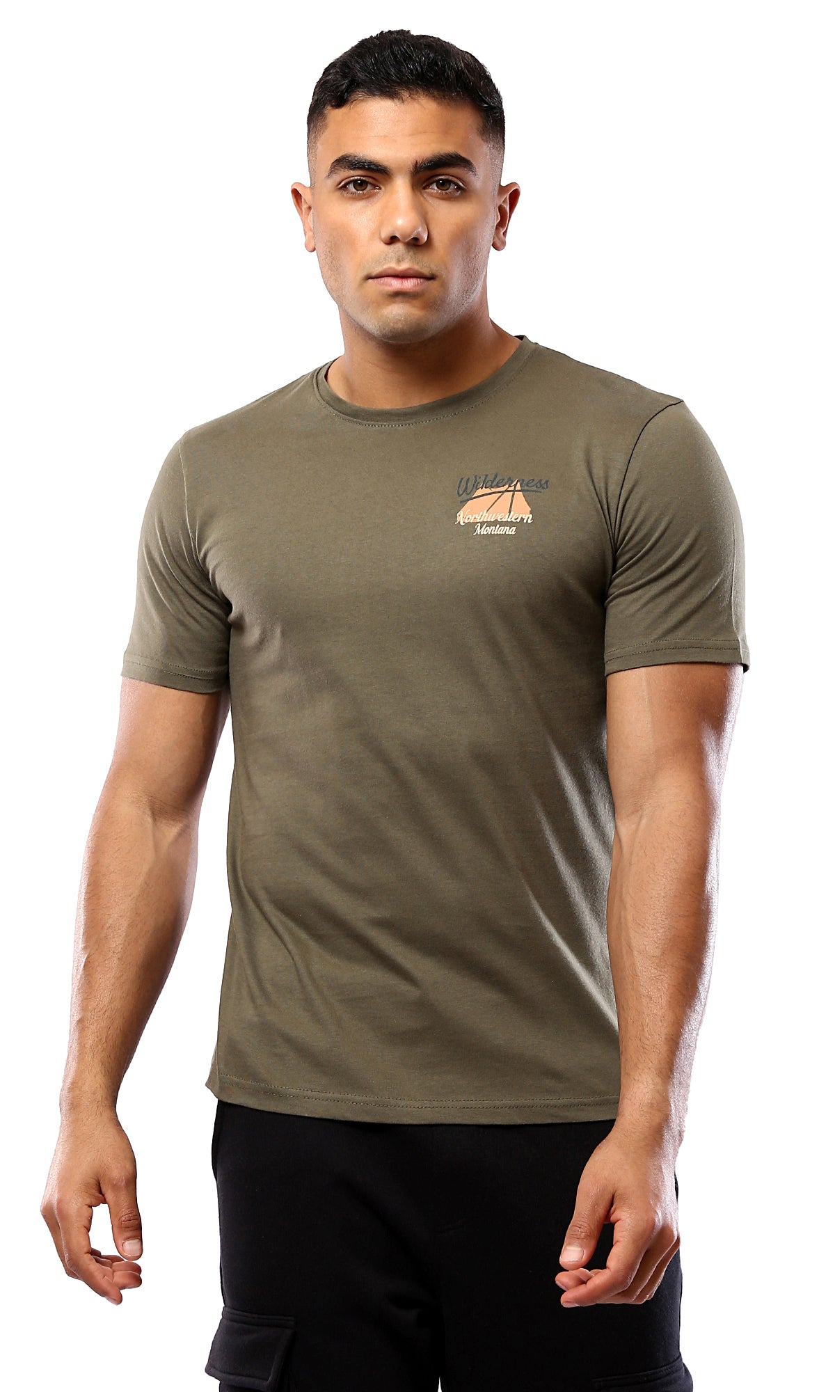 O179024 Dark Olive Tee With "Mountain Explorer" Back Print