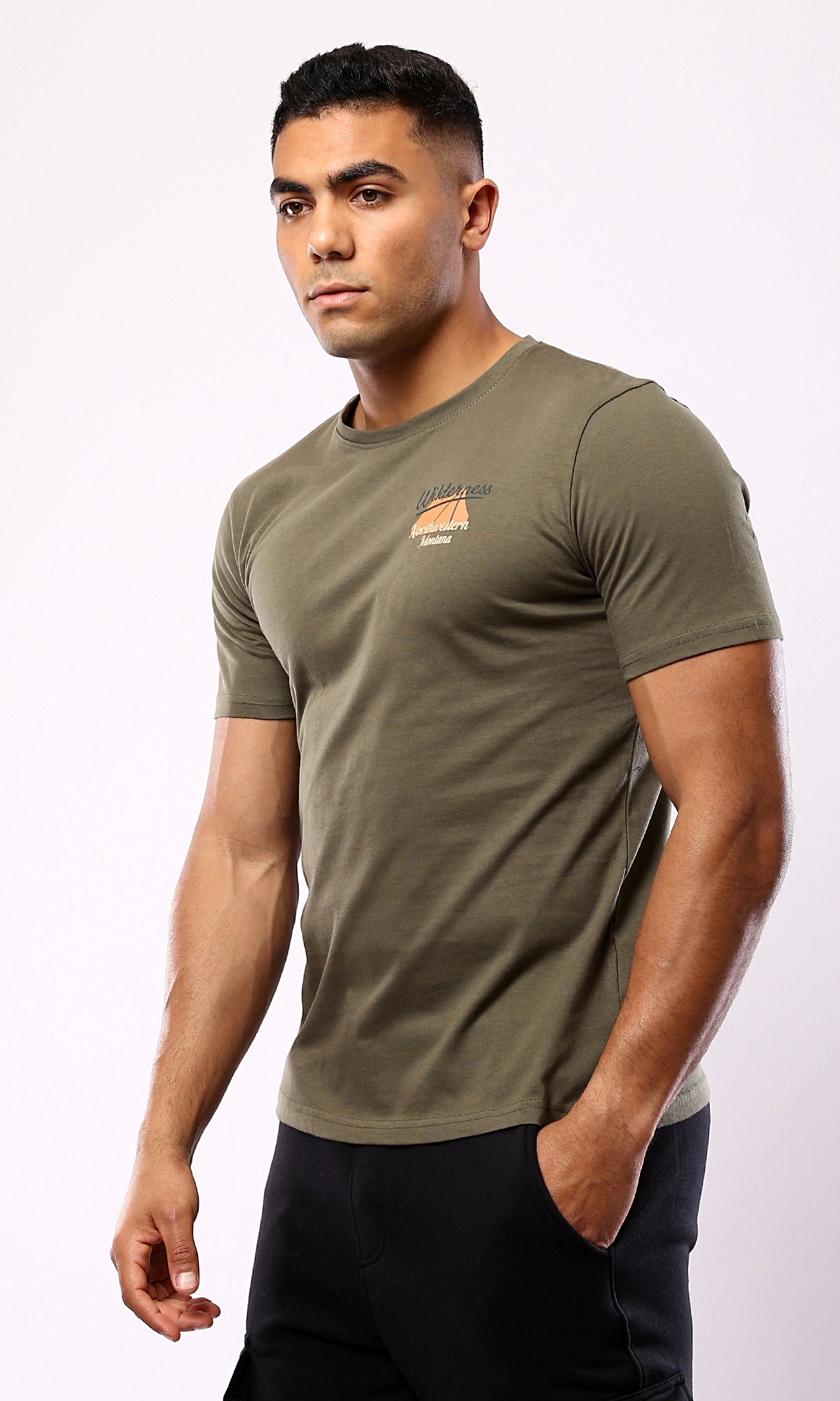 O179024 Dark Olive Tee With "Mountain Explorer" Back Print