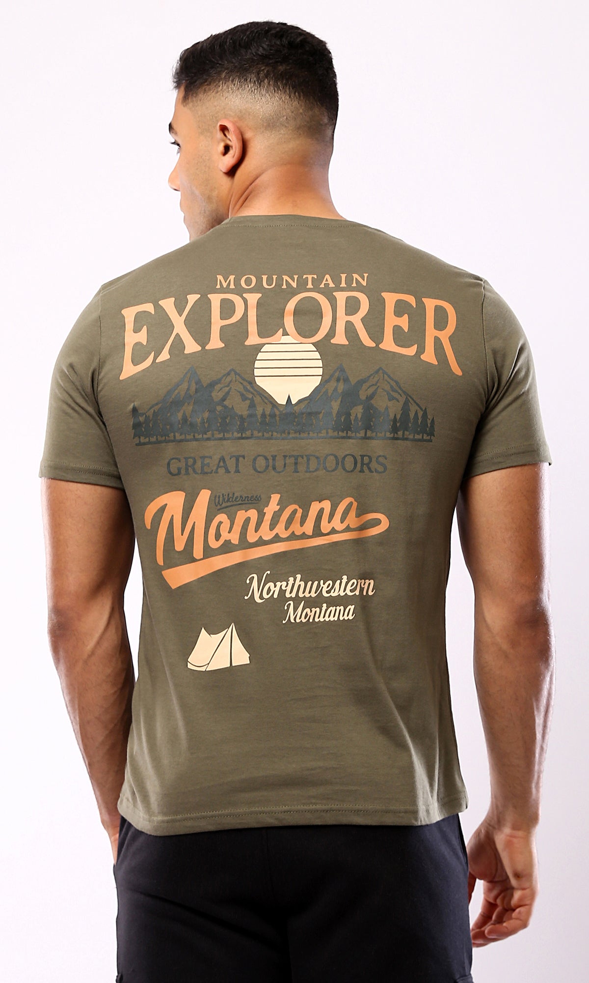 O179024 Dark Olive Tee With "Mountain Explorer" Back Print