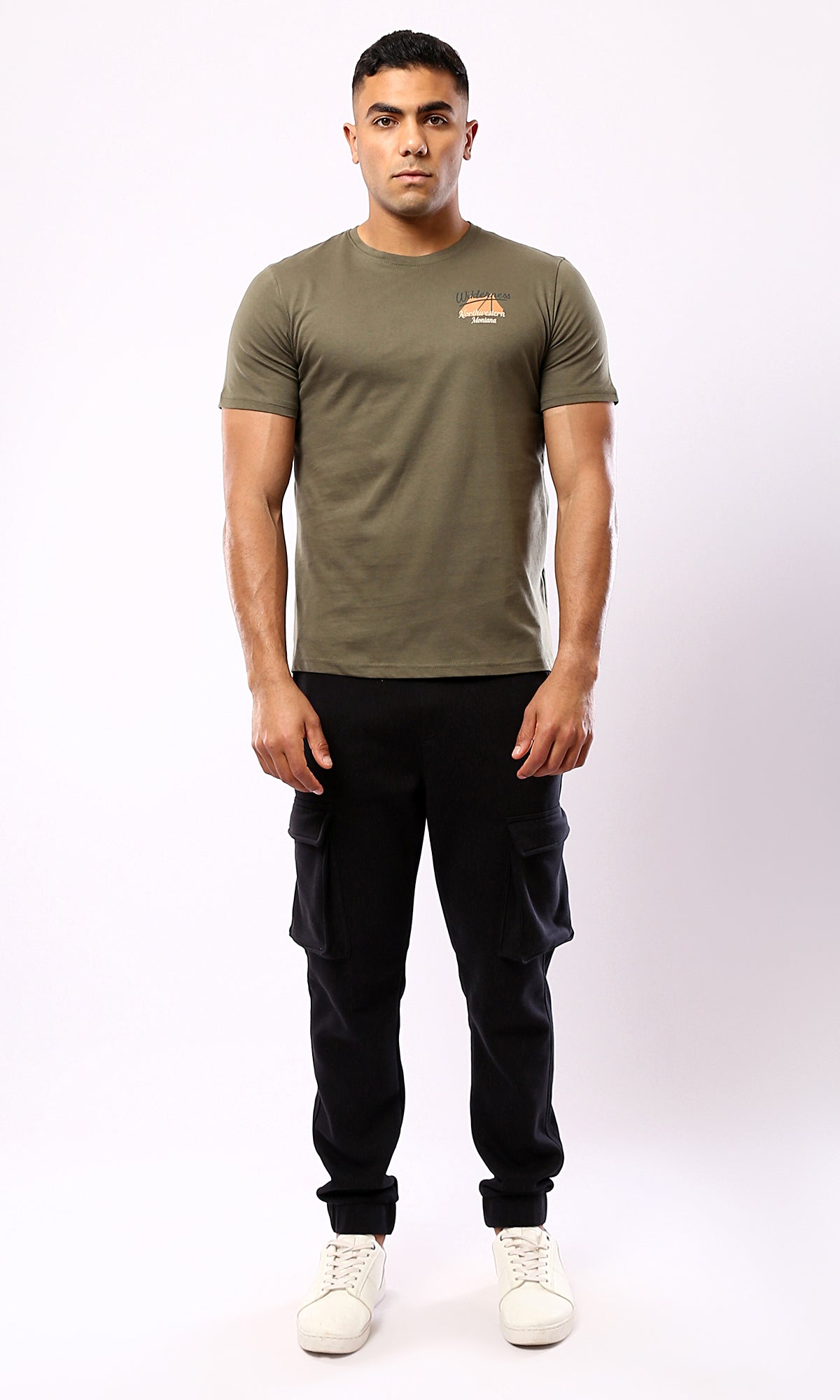 O179024 Dark Olive Tee With "Mountain Explorer" Back Print