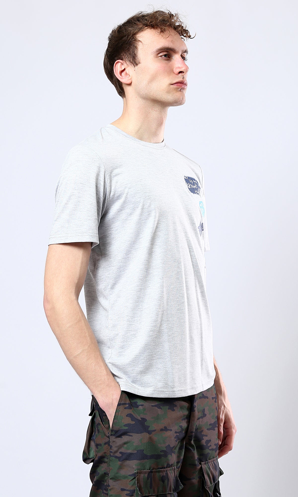 O179029 Regular Fit Light Grey Tee With Round Neck