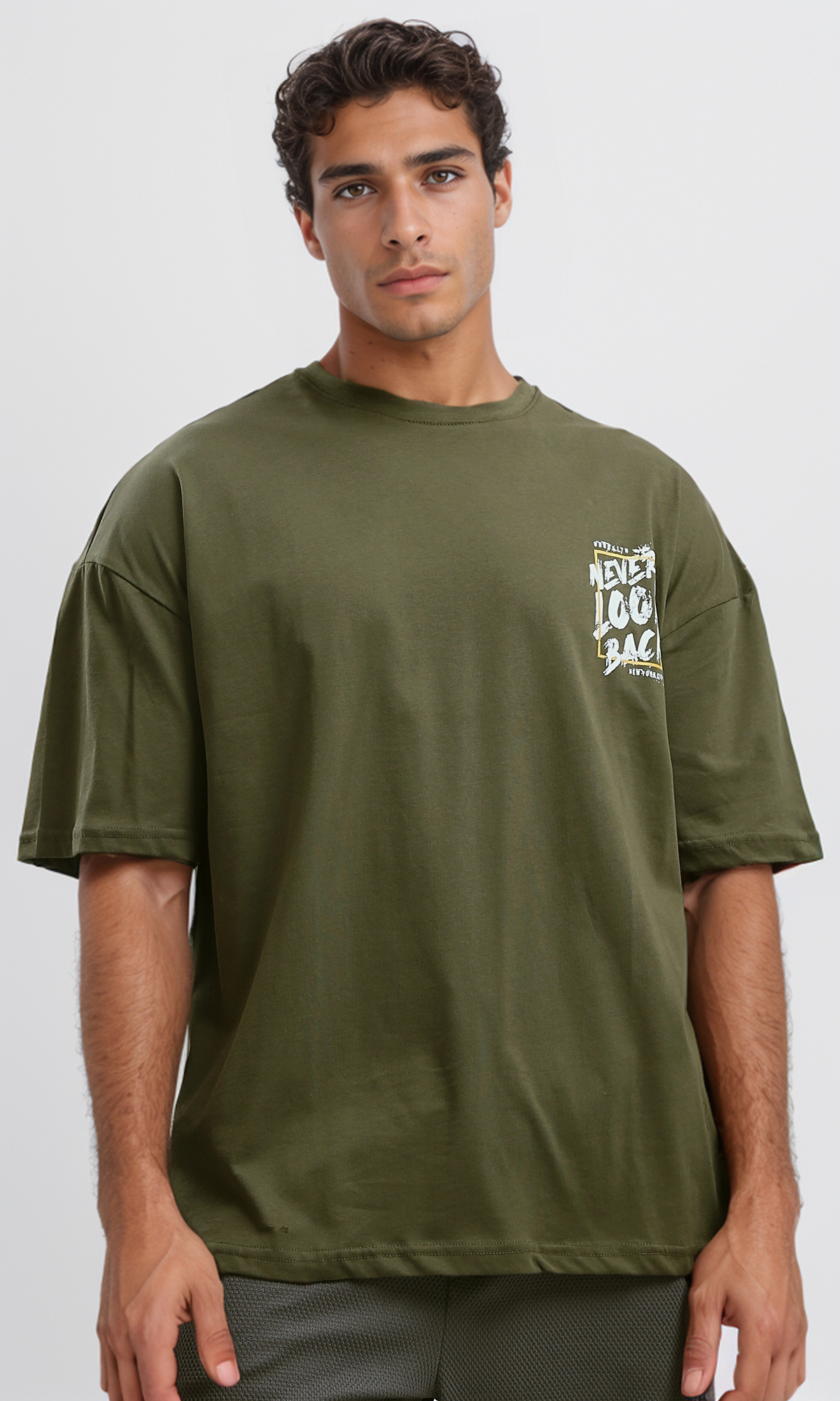 O179033 "Never Go Back" Printed Olive Cotton Tee