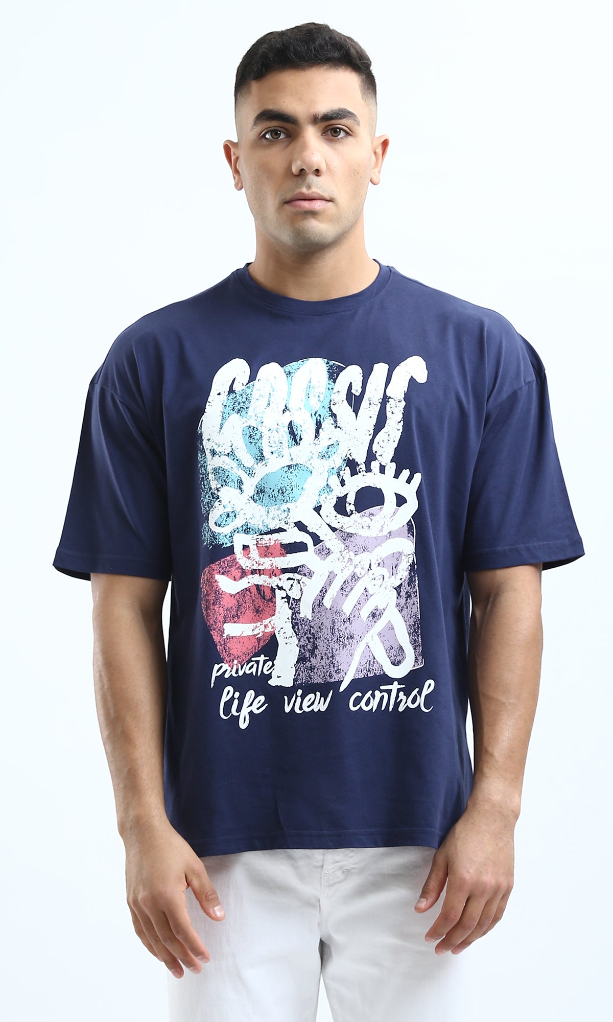 O179036 Trendy Navy Blue Slip On Printed Cotton Tee