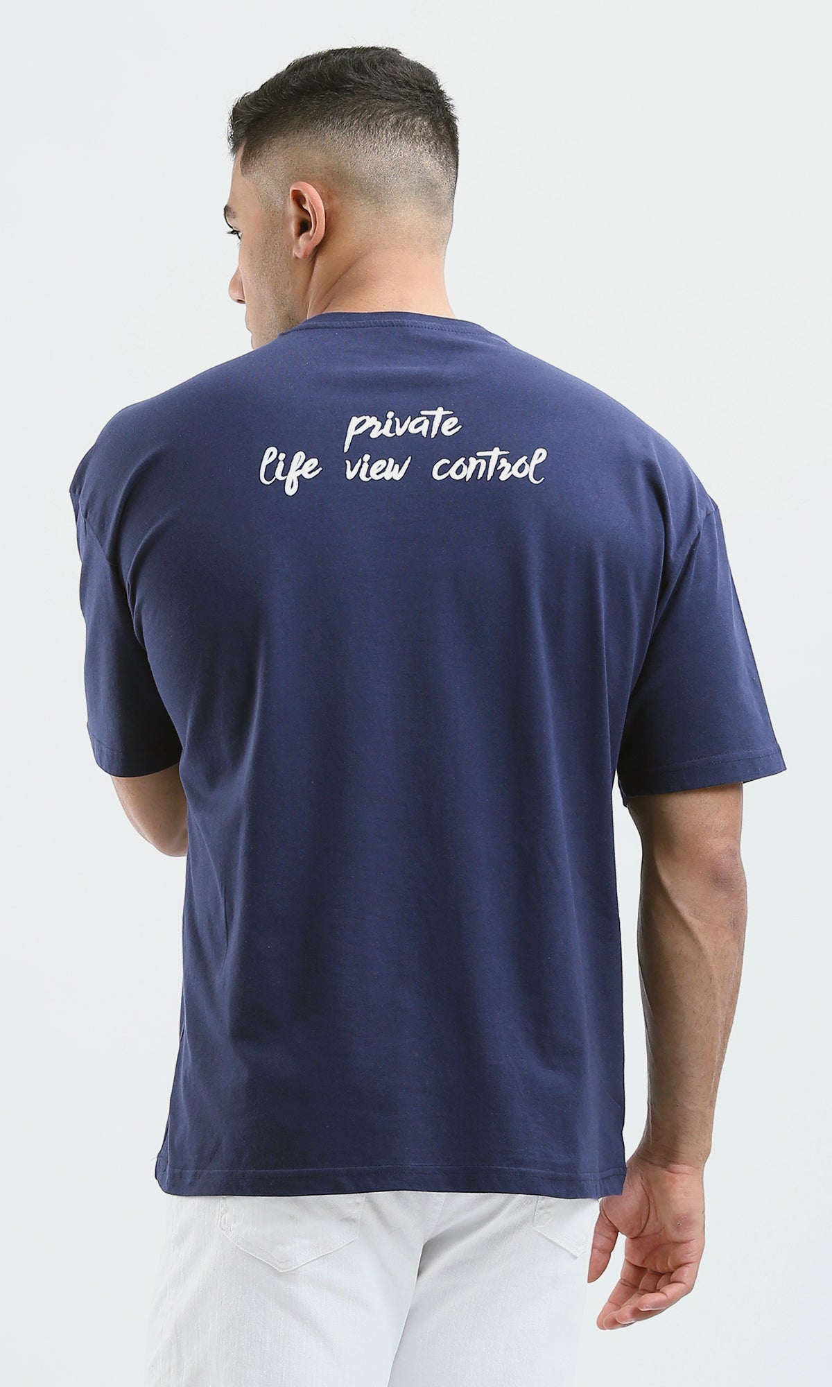 O179036 Trendy Navy Blue Slip On Printed Cotton Tee