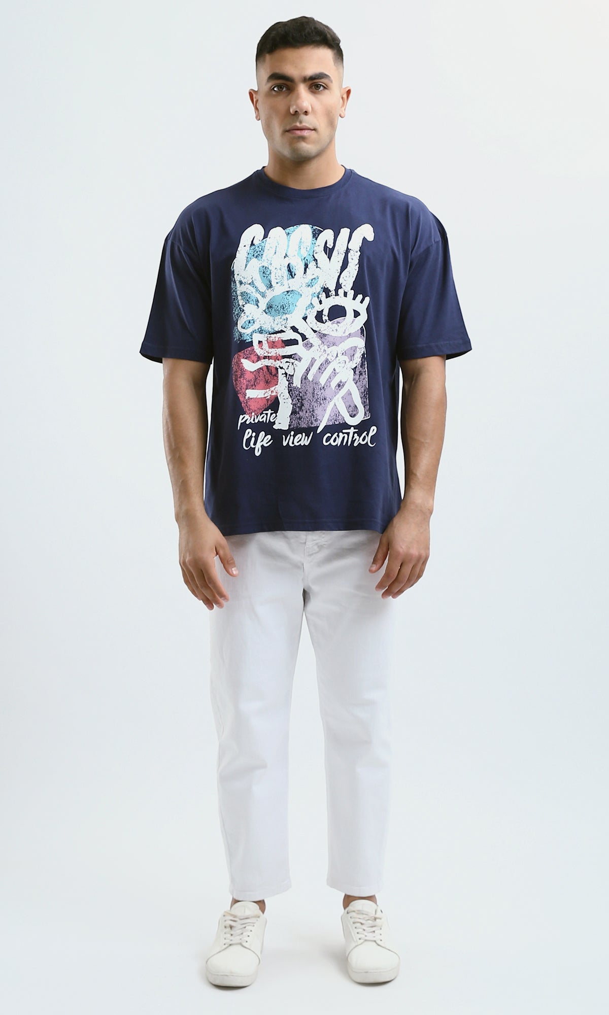 O179036 Trendy Navy Blue Slip On Printed Cotton Tee