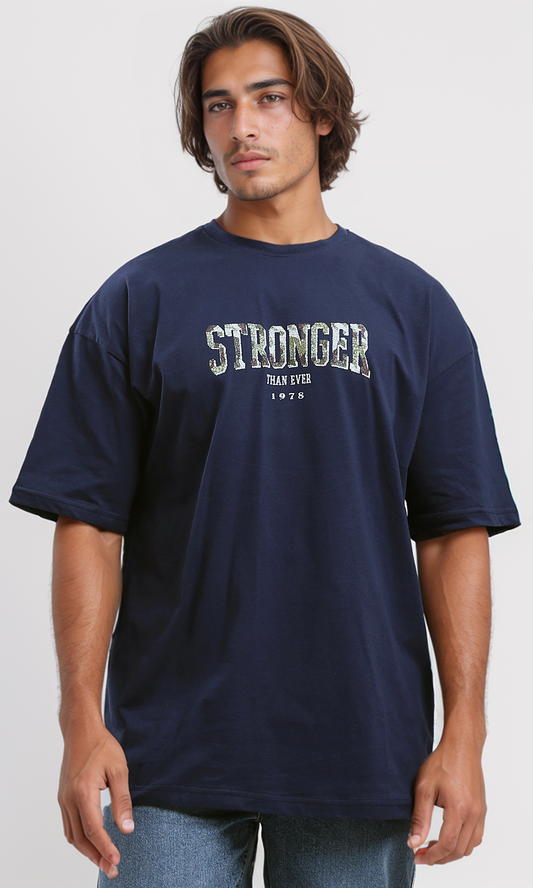 O179037 Printed "Stronger" Slip On Summer Tee - Dark Navy Blue