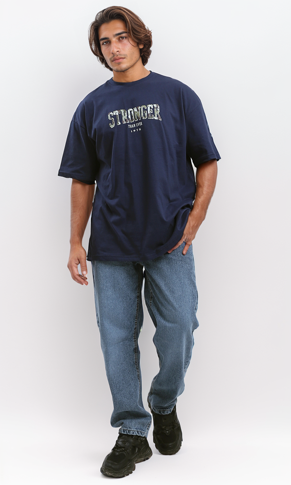 O179037 Printed "Stronger" Slip On Summer Tee - Dark Navy Blue