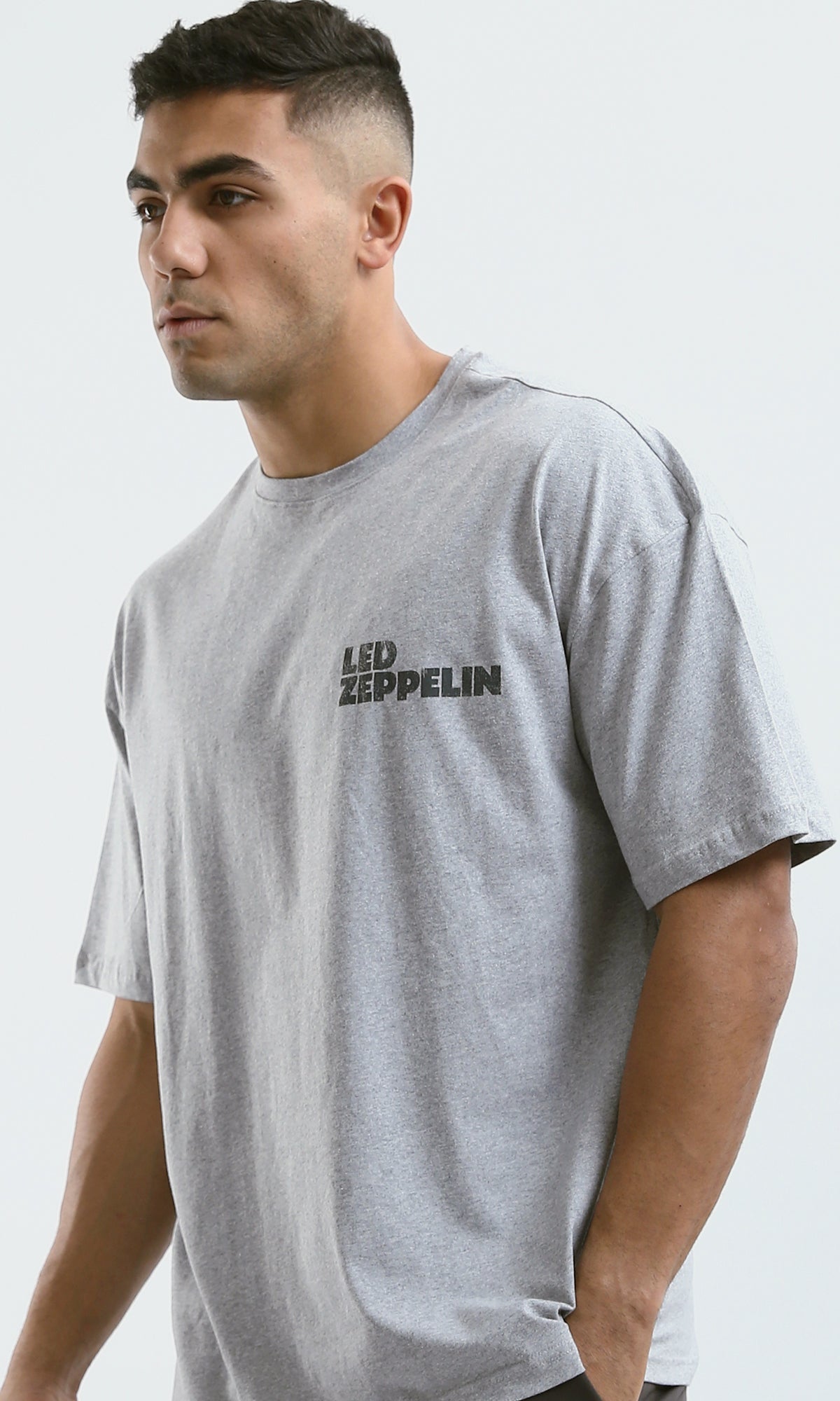 O179040 "Led Zeppelin" Printed Elbow Sleeves Heather Grey Tee