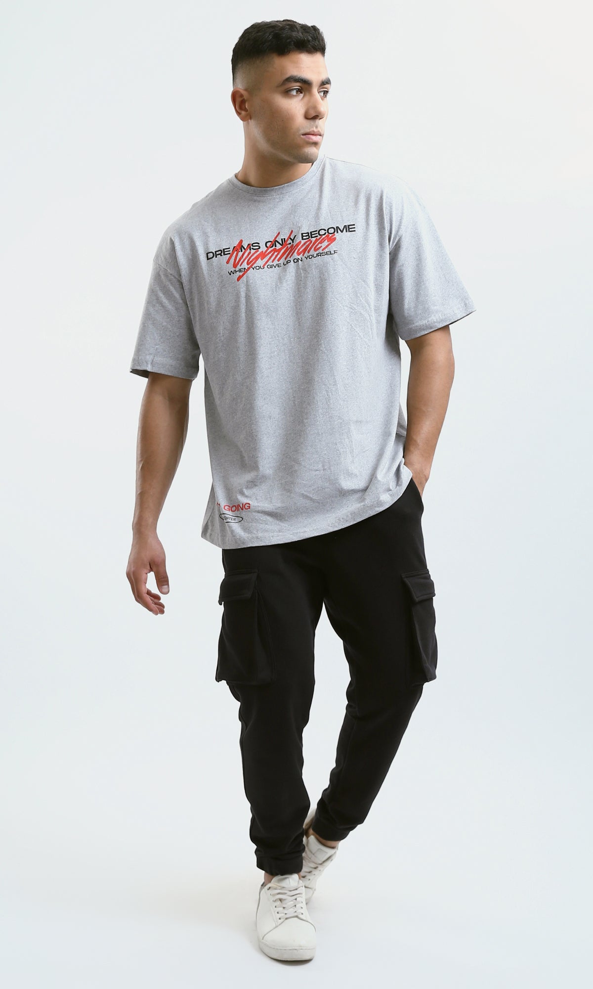 O179041 Heather Light Grey Cotton Tee With Front & Back Print