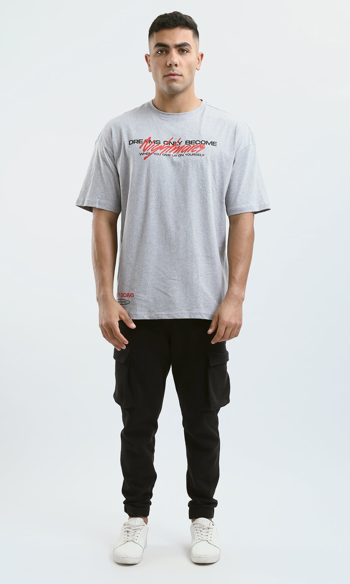 O179041 Heather Light Grey Cotton Tee With Front & Back Print