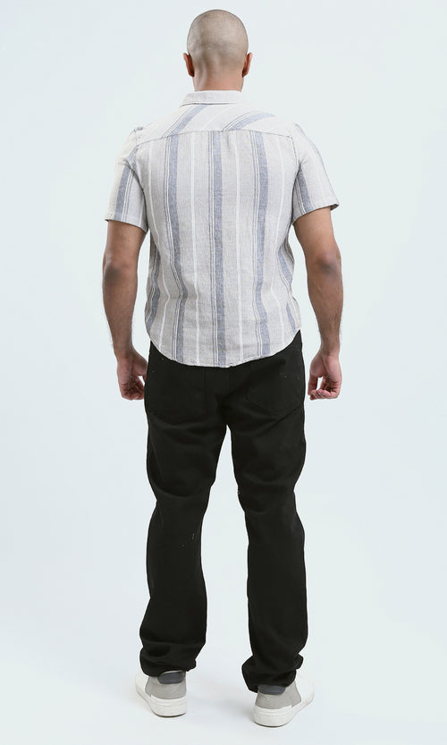 O179067 - Short Sleeves Striped Beige Buttoned Shirt