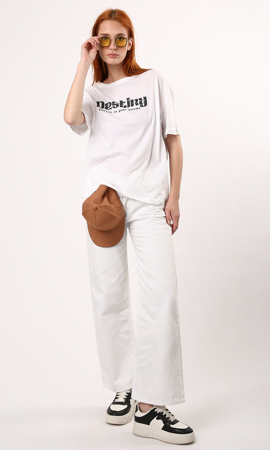 O179109 Elbow-Sleeves Printed White Relaxed Tee