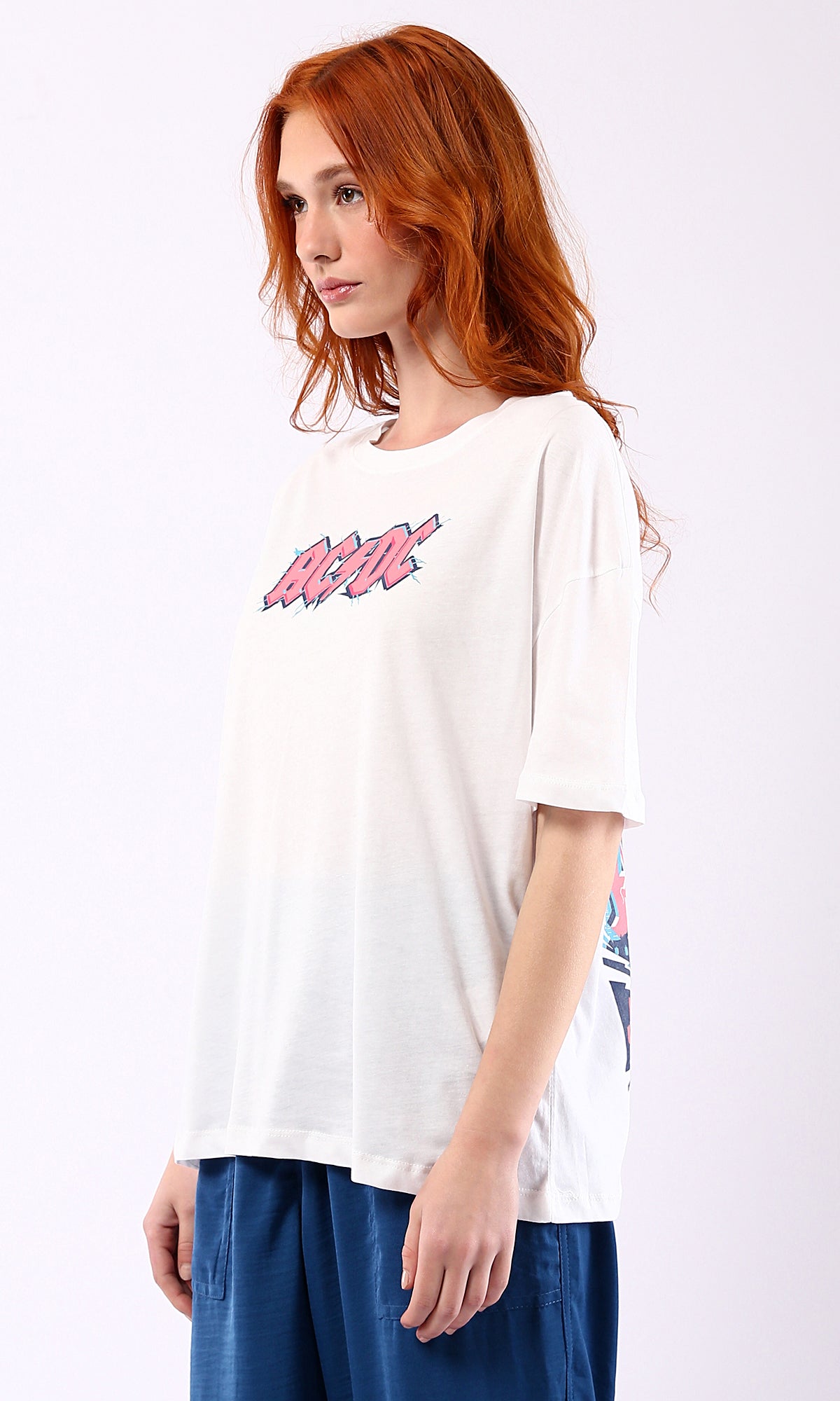 O179111 Front & Back Print Elbow Sleeves Summer Tee - Off-White