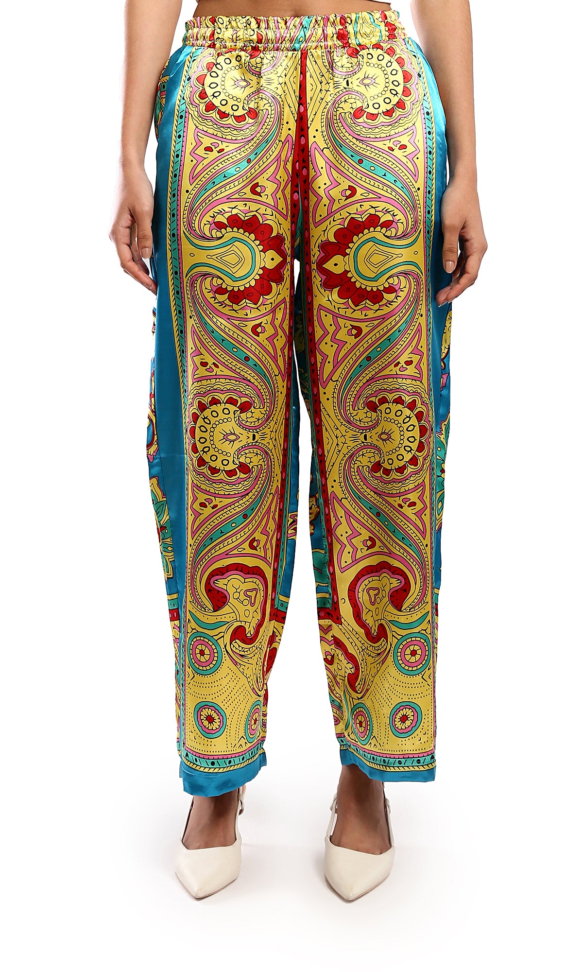 O179128 Red & Turquoise Wide-Leg Pants With Elastic Waist