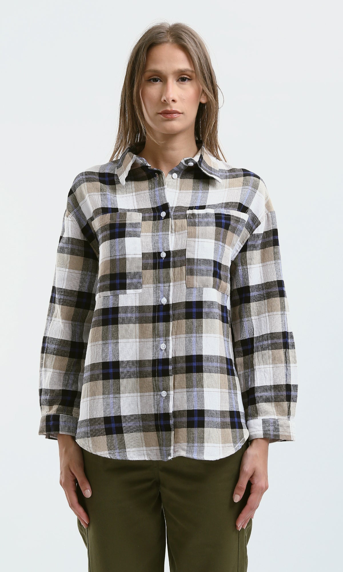 O179132 Long Sleeves Beige & White Tartan Summer Shirt