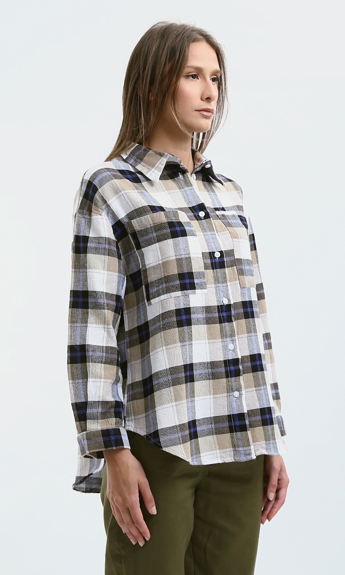 O179132 Long Sleeves Beige & White Tartan Summer Shirt
