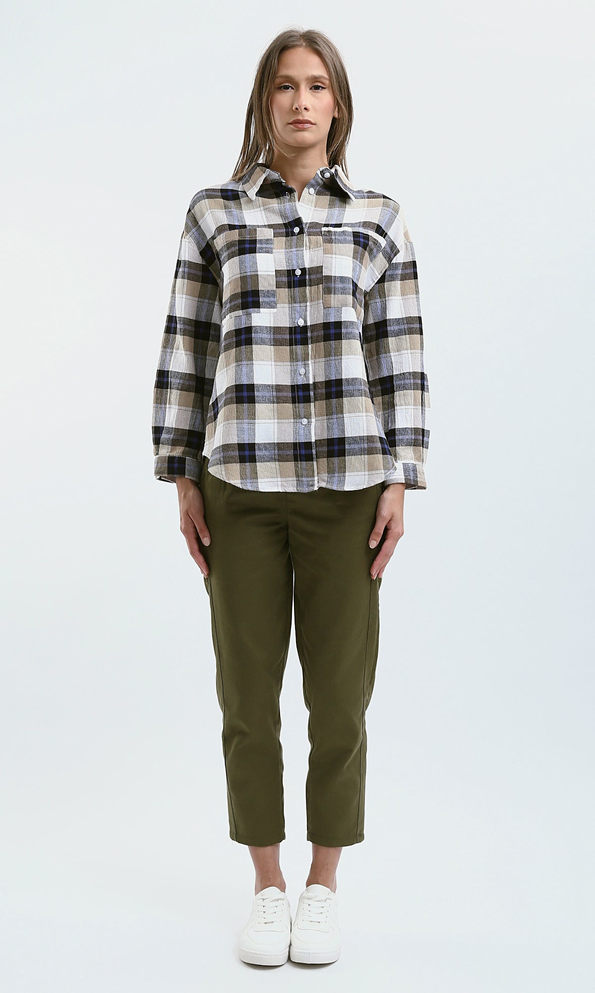 O179132 Long Sleeves Beige & White Tartan Summer Shirt